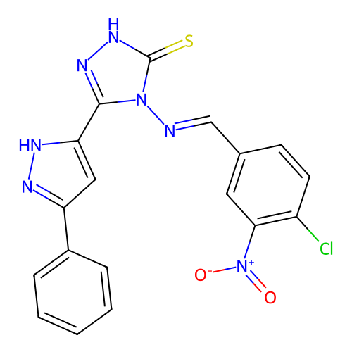 (E)-4-((4-chloro-3-nitrobenzylidene)amino)-5-(3-phenyl-1H-pyrazol-5-yl)-4H-1,2,4-triazole-3-thiol structure