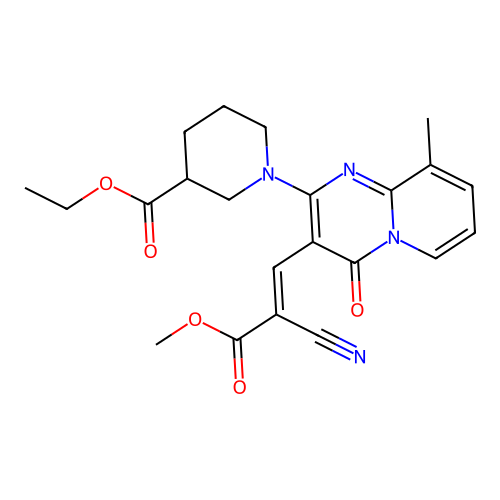 (E)-ethyl 1-(3-(2-cyano-3-methoxy-3-oxoprop-1-en-1-yl)-9-methyl-4-oxo-4H-pyrido[1,2-a]pyrimidin-2-yl)piperidine-3-carboxylate structure