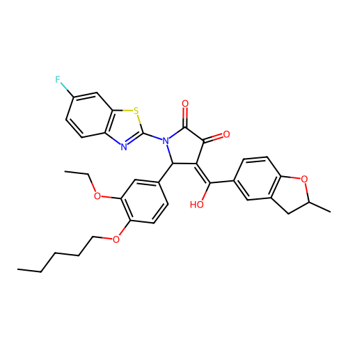 (4E)-5-(3-ethoxy-4-pentoxyphenyl)-1-(6-fluoro-1,3-benzothiazol-2-yl)-4-[hydroxy-(2-methyl-2,3-dihydro-1-benzofuran-5-yl)methylidene]pyrrolidine-2,3-dione structure