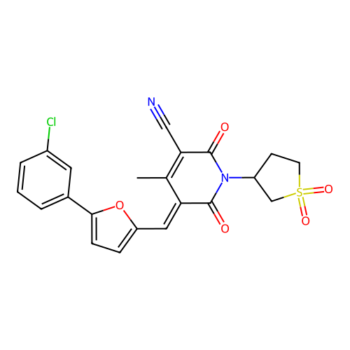(5E)-5-{[5-(3-chlorophenyl)furan-2-yl]methylidene}-1-(1,1-dioxidotetrahydrothiophen-3-yl)-4-methyl-2,6-dioxo-1,2,5,6-tetrahydropyridine-3-carbonitrile structure