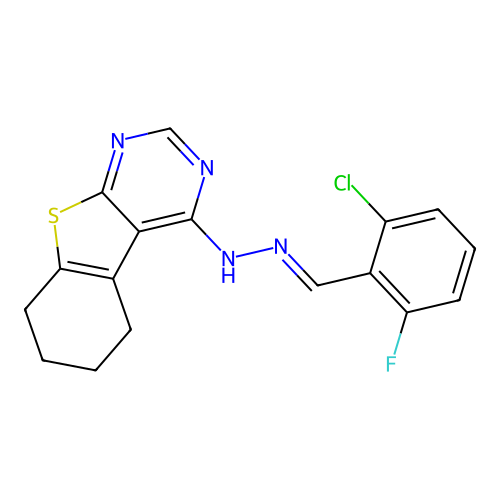 (E)-4-(2-(2-chloro-6-fluorobenzylidene)hydrazinyl)-5,6,7,8-tetrahydrobenzo[4,5]thieno[2,3-d]pyrimidine structure