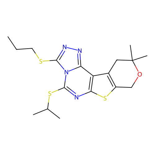 10,10-dimethyl-5-(propan-2-ylsulfanyl)-3-(propylsulfanyl)-10,11-dihydro-8H-pyrano[4',3':4,5]thieno[3,2-e][1,2,4]triazolo[4,3-c]pyrimidine structure