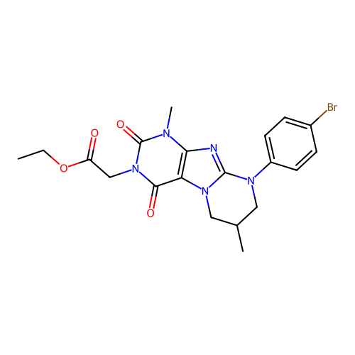 ethyl [9-(4-bromophenyl)-1,7-dimethyl-2,4-dioxo-1,4,6,7,8,9-hexahydropyrimido[2,1-f]purin-3(2H)-yl]acetate structure