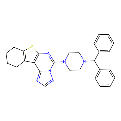 5-(4-benzhydrylpiperazin-1-yl)-8,9,10,11-tetrahydrobenzo[4,5]thieno[3,2-e][1,2,4]triazolo[1,5-c]pyrimidine structure