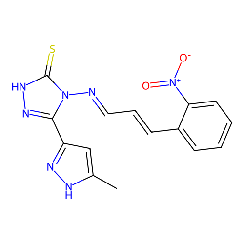 3-(5-methyl-1H-pyrazol-3-yl)-4-[(E)-[(E)-3-(2-nitrophenyl)prop-2-enylidene]amino]-1H-1,2,4-triazole-5-thione structure