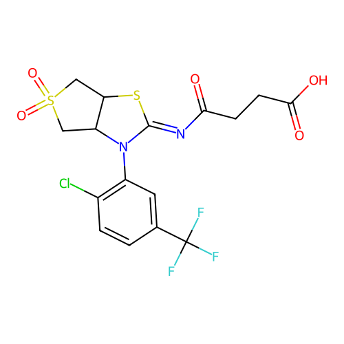 4-{[(2Z)-3-[2-chloro-5-(trifluoromethyl)phenyl]-5,5-dioxidotetrahydrothieno[3,4-d][1,3]thiazol-2(3H)-ylidene]amino}-4-oxobutanoic acid structure