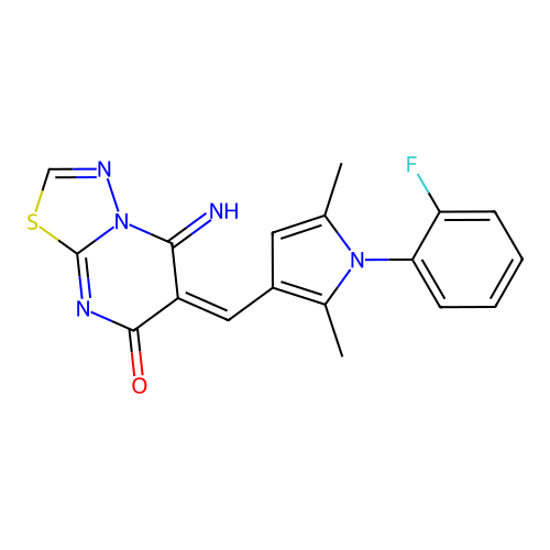 (E)-6-((1-(2-fluorophenyl)-2,5-dimethyl-1H-pyrrol-3-yl)methylene)-5-imino-5H-[1,3,4]thiadiazolo[3,2-a]pyrimidin-7(6H)-one structure