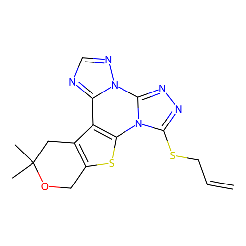 12,12-dimethyl-7-(prop-2-en-1-ylsulfanyl)-12,13-dihydro-10H-pyrano[4',3':4,5]thieno[3,2-e]bis[1,2,4]triazolo[4,3-a:1',5'-c]pyrimidine structure