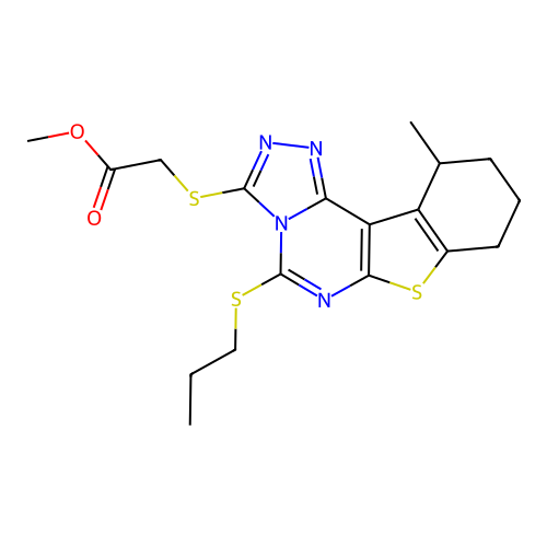 methyl {[11-methyl-5-(propylsulfanyl)-8,9,10,11-tetrahydro[1]benzothieno[3,2-e][1,2,4]triazolo[4,3-c]pyrimidin-3-yl]sulfanyl}acetate structure