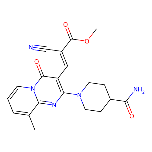 (E)-methyl 3-(2-(4-carbamoylpiperidin-1-yl)-9-methyl-4-oxo-4H-pyrido[1,2-a]pyrimidin-3-yl)-2-cyanoacrylate structure