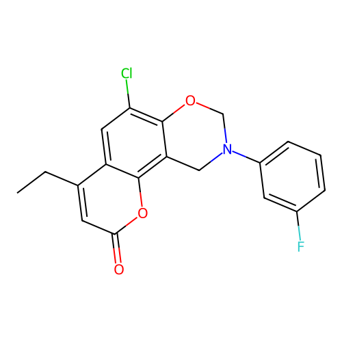 6-chloro-4-ethyl-9-(3-fluorophenyl)-8,10-dihydropyrano[2,3-f][1,3]benzoxazin-2-one structure