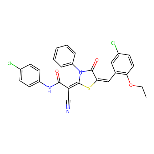 (2E)-2-[(5E)-5-[(5-chloro-2-ethoxyphenyl)methylidene]-4-oxo-3-phenyl-1,3-thiazolidin-2-ylidene]-N-(4-chlorophenyl)-2-cyanoacetamide structure