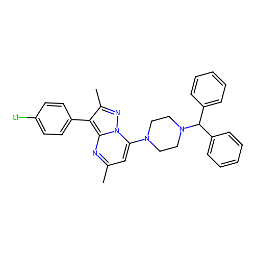 7-(4-benzhydrylpiperazin-1-yl)-3-(4-chlorophenyl)-2,5-dimethylpyrazolo[1,5-a]pyrimidine structure