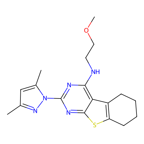 2-(3,5-dimethylpyrazol-1-yl)-N-(2-methoxyethyl)-5,6,7,8-tetrahydro-[1]benzothiolo[2,3-d]pyrimidin-4-amine structure