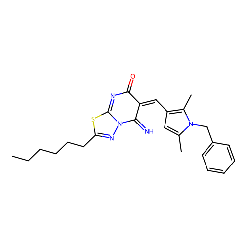 (6E)-6-[(1-benzyl-2,5-dimethyl-1H-pyrrol-3-yl)methylidene]-2-hexyl-5-imino-5,6-dihydro-7H-[1,3,4]thiadiazolo[3,2-a]pyrimidin-7-one structure