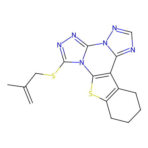 7-((2-methylallyl)thio)-10,11,12,13-tetrahydrobenzo[4,5]thieno[3,2-e]bis([1,2,4]triazolo)[4,3-a:1',5'-c]pyrimidine structure
