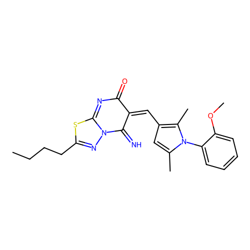 (6E)-2-butyl-5-imino-6-[[1-(2-methoxyphenyl)-2,5-dimethylpyrrol-3-yl]methylidene]-[1,3,4]thiadiazolo[3,2-a]pyrimidin-7-one structure