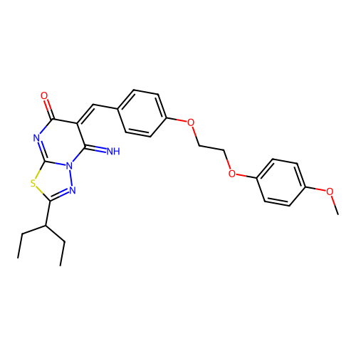 (E)-5-imino-6-(4-(2-(4-methoxyphenoxy)ethoxy)benzylidene)-2-(pentan-3-yl)-5H-[1,3,4]thiadiazolo[3,2-a]pyrimidin-7(6H)-one structure
