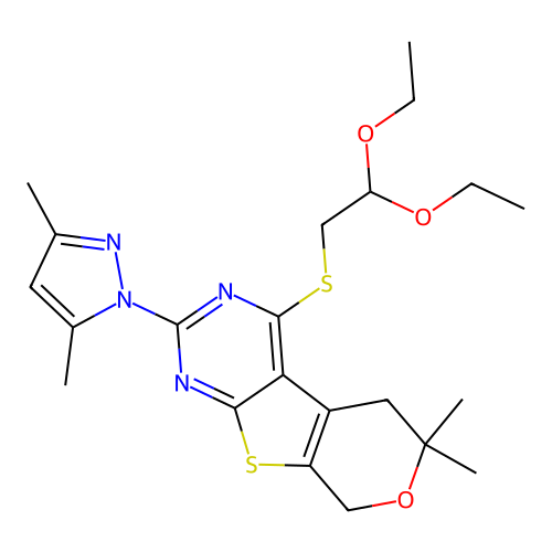 4-((2,2-diethoxyethyl)thio)-2-(3,5-dimethyl-1H-pyrazol-1-yl)-6,6-dimethyl-6,8-dihydro-5H-pyrano[4',3':4,5]thieno[2,3-d]pyrimidine structure