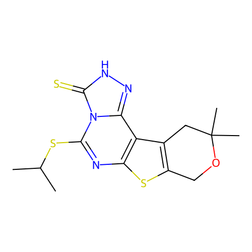 10,10-dimethyl-5-(propan-2-ylsulfanyl)-10,11-dihydro-8H-pyrano[4',3':4,5]thieno[3,2-e][1,2,4]triazolo[4,3-c]pyrimidine-3-thiol structure