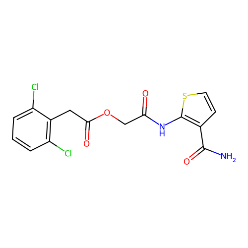2-((3-Carbamoylthiophen-2-yl)amino)-2-oxoethyl 2-(2,6-dichlorophenyl)acetate structure
