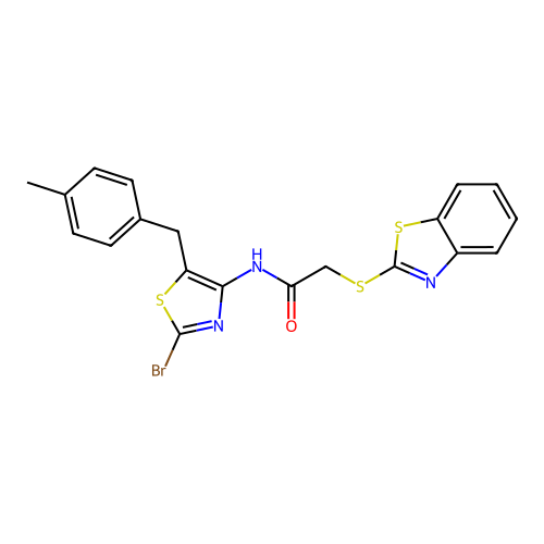 2-(1,3-benzothiazol-2-ylsulfanyl)-N-[2-bromo-5-(4-methylbenzyl)-1,3-thiazol-4-yl]acetamide structure