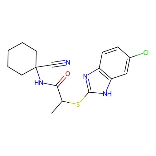 2-[(5-chloro-1H-1,3-benzodiazol-2-yl)sulfanyl]-N-(1-cyanocyclohexyl)propanamide structure