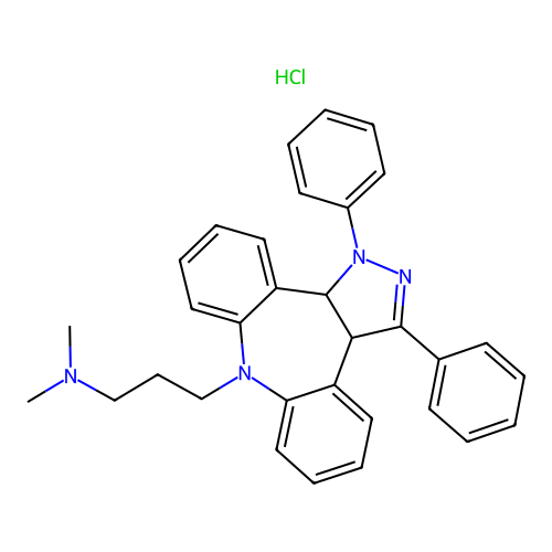 Dibenzo(b,f)pyrazolo(3,4-d)azepine-8(1H)-propanamine, 3a,12b-dihydro-N,N-dimethyl-1,3-diphenyl-, monohydrochloride structure
