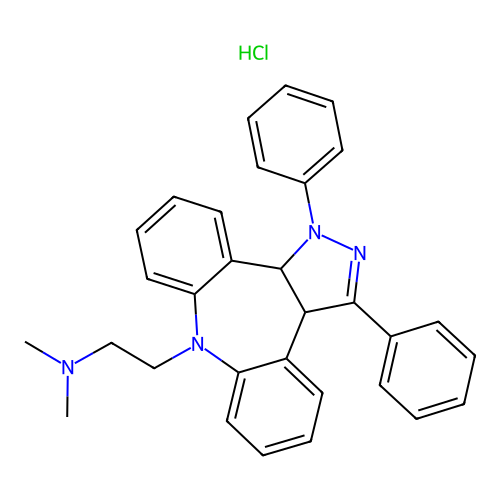 Dibenzo(b,f)pyrazolo(3,4-d)azepine-8(1H)-ethanamine, 3a,12b-dihydro-N,N-dimethyl-1,3-diphenyl-, monohydrochloride structure