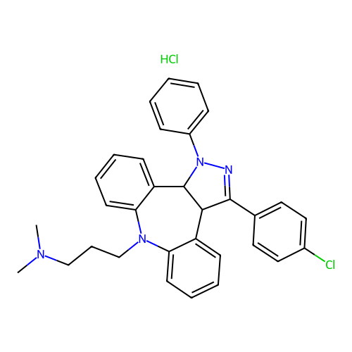 Dibenzo(b,f)pyrazolo(3,4-d)azepine-8(1H)-propanamine, 3a,12b-dihydro-3-(4-chlorophenyl)-N,N-dimethyl-1-phenyl-, monohydrochloride structure