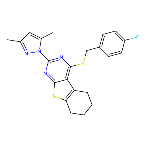 2-(3,5-dimethyl-1H-pyrazol-1-yl)-4-((4-fluorobenzyl)thio)-5,6,7,8-tetrahydrobenzo[4,5]thieno[2,3-d]pyrimidine structure