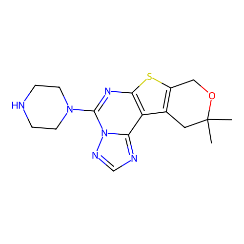 10,10-dimethyl-5-(piperazin-1-yl)-10,11-dihydro-8H-pyrano[4',3':4,5]thieno[3,2-e][1,2,4]triazolo[1,5-c]pyrimidine structure