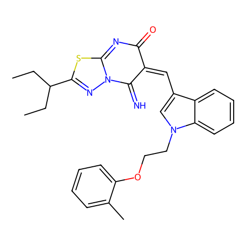 (E)-5-imino-2-(pentan-3-yl)-6-((1-(2-(o-tolyloxy)ethyl)-1H-indol-3-yl)methylene)-5H-[1,3,4]thiadiazolo[3,2-a]pyrimidin-7(6H)-one structure