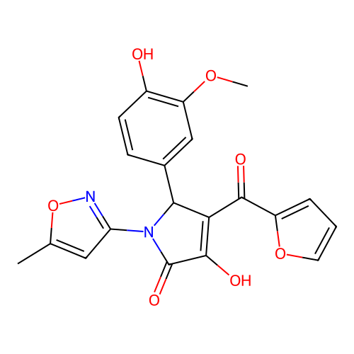 (4E)-4-[furan-2-yl(hydroxy)methylidene]-5-(4-hydroxy-3-methoxyphenyl)-1-(5-methyl-1,2-oxazol-3-yl)pyrrolidine-2,3-dione structure