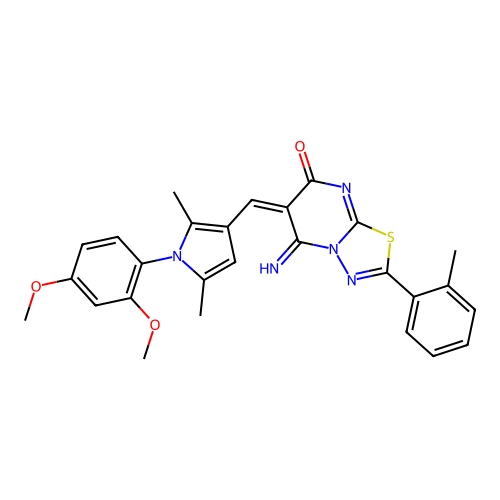 (E)-6-((1-(2,4-dimethoxyphenyl)-2,5-dimethyl-1H-pyrrol-3-yl)methylene)-5-imino-2-(o-tolyl)-5H-[1,3,4]thiadiazolo[3,2-a]pyrimidin-7(6H)-one structure