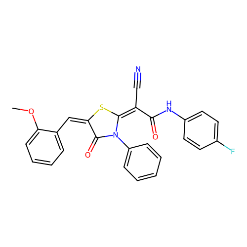 (2E)-2-cyano-N-(4-fluorophenyl)-2-[(5E)-5-[(2-methoxyphenyl)methylidene]-4-oxo-3-phenyl-1,3-thiazolidin-2-ylidene]acetamide structure