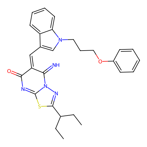 (6E)-5-imino-2-(pentan-3-yl)-6-{[1-(3-phenoxypropyl)-1H-indol-3-yl]methylidene}-5,6-dihydro-7H-[1,3,4]thiadiazolo[3,2-a]pyrimidin-7-one structure