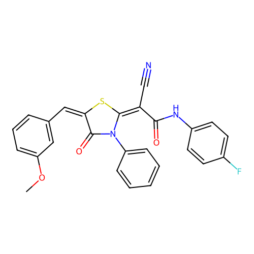 (2E)-2-cyano-N-(4-fluorophenyl)-2-[(5E)-5-[(3-methoxyphenyl)methylidene]-4-oxo-3-phenyl-1,3-thiazolidin-2-ylidene]acetamide structure