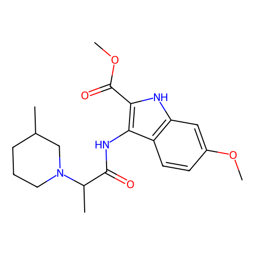 methyl 6-methoxy-3-(2-(3-methylpiperidin-1-yl)propanamido)-1H-indole-2-carboxylate structure