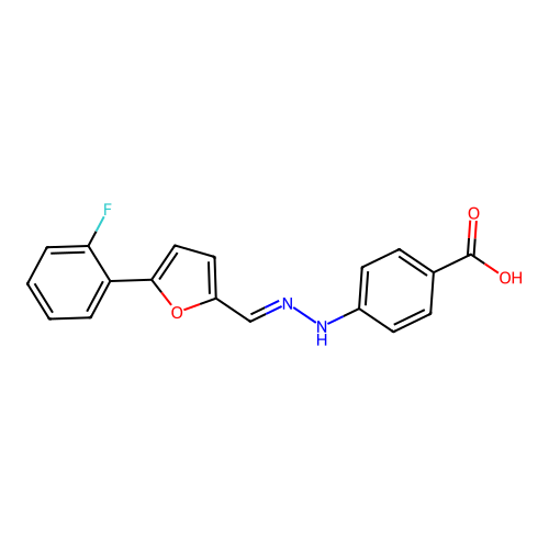 4-[(2E)-2-{[5-(2-fluorophenyl)furan-2-yl]methylidene}hydrazinyl]benzoic acid structure