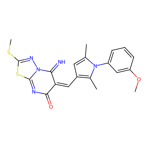 (6E)-5-imino-6-[[1-(3-methoxyphenyl)-2,5-dimethylpyrrol-3-yl]methylidene]-2-methylsulfanyl-[1,3,4]thiadiazolo[3,2-a]pyrimidin-7-one structure