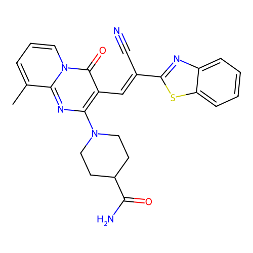 1-{3-[(E)-2-(1,3-benzothiazol-2-yl)-2-cyanoethenyl]-9-methyl-4-oxo-4H-pyrido[1,2-a]pyrimidin-2-yl}piperidine-4-carboxamide structure