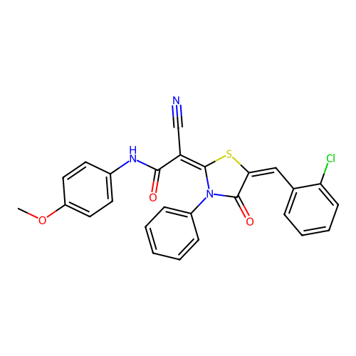 (2E)-2-[(5E)-5-[(2-chlorophenyl)methylidene]-4-oxo-3-phenyl-1,3-thiazolidin-2-ylidene]-2-cyano-N-(4-methoxyphenyl)acetamide structure