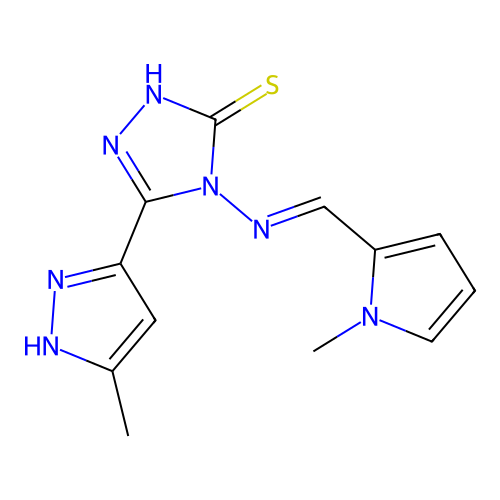 (E)-5-(3-methyl-1H-pyrazol-5-yl)-4-(((1-methyl-1H-pyrrol-2-yl)methylene)amino)-4H-1,2,4-triazole-3-thiol structure
