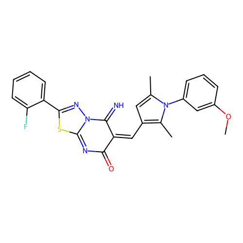 (E)-2-(2-fluorophenyl)-5-imino-6-((1-(3-methoxyphenyl)-2,5-dimethyl-1H-pyrrol-3-yl)methylene)-5H-[1,3,4]thiadiazolo[3,2-a]pyrimidin-7(6H)-one structure
