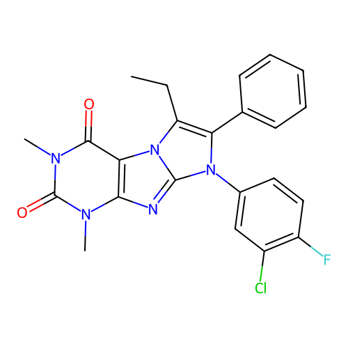 8-(3-chloro-4-fluorophenyl)-6-ethyl-1,3-dimethyl-7-phenyl-1H-imidazo[2,1-f]purine-2,4(3H,8H)-dione structure