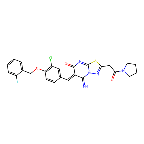 (6Z)-6-[[3-chloro-4-[(2-fluorophenyl)methoxy]phenyl]methylidene]-5-imino-2-(2-oxo-2-pyrrolidin-1-ylethyl)-[1,3,4]thiadiazolo[3,2-a]pyrimidin-7-one structure