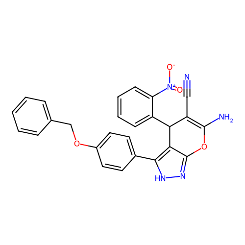6-amino-3-(4-(benzyloxy)phenyl)-4-(2-nitrophenyl)-1,4-dihydropyrano[2,3-c]pyrazole-5-carbonitrile structure