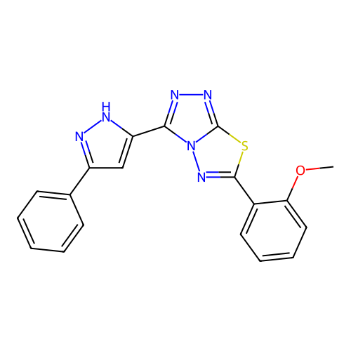 6-(2-methoxyphenyl)-3-(3-phenyl-1H-pyrazol-5-yl)[1,2,4]triazolo[3,4-b][1,3,4]thiadiazole structure