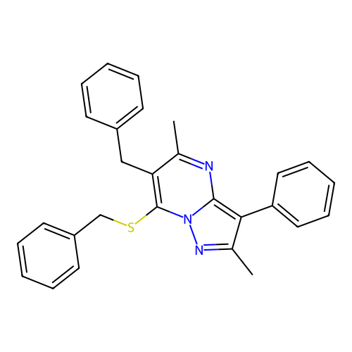 6-Benzyl-7-(benzylsulfanyl)-2,5-dimethyl-3-phenylpyrazolo[1,5-a]pyrimidine structure